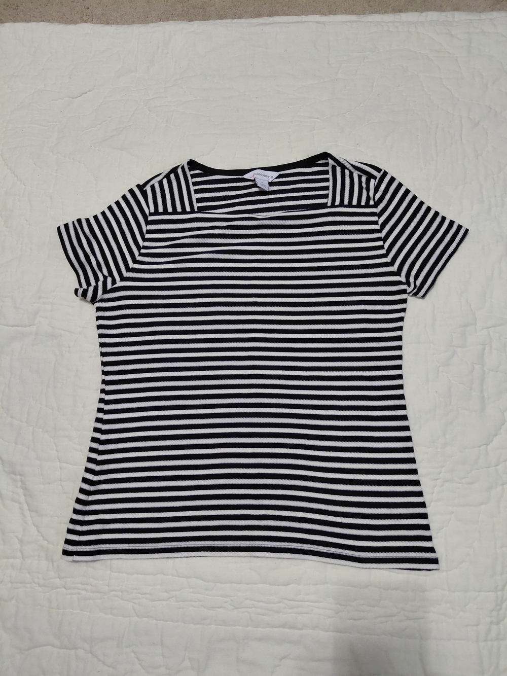 Liz Claiborne Womens Black & White Striped Short Sleeve Knit Top